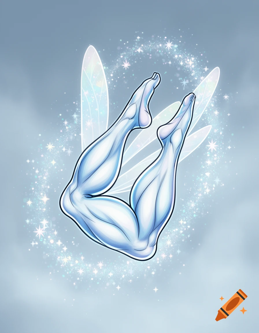 Buff, stylized cartoon legs bent in the air with glowing fairy wings and magical sparkles against a light blue background.