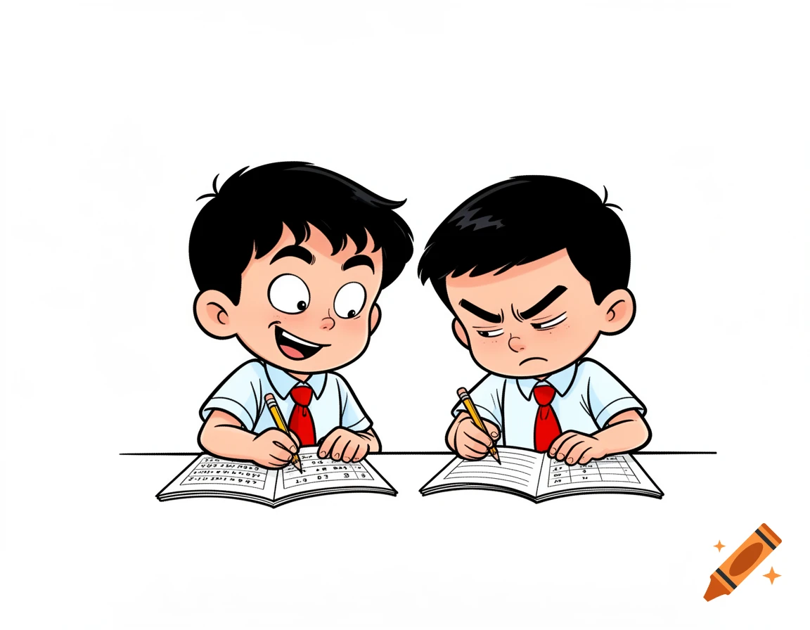 Two cartoon schoolboys in white shirts and red ties sit at a desk, one happily writing while the other angrily copies his work from an open notebook.