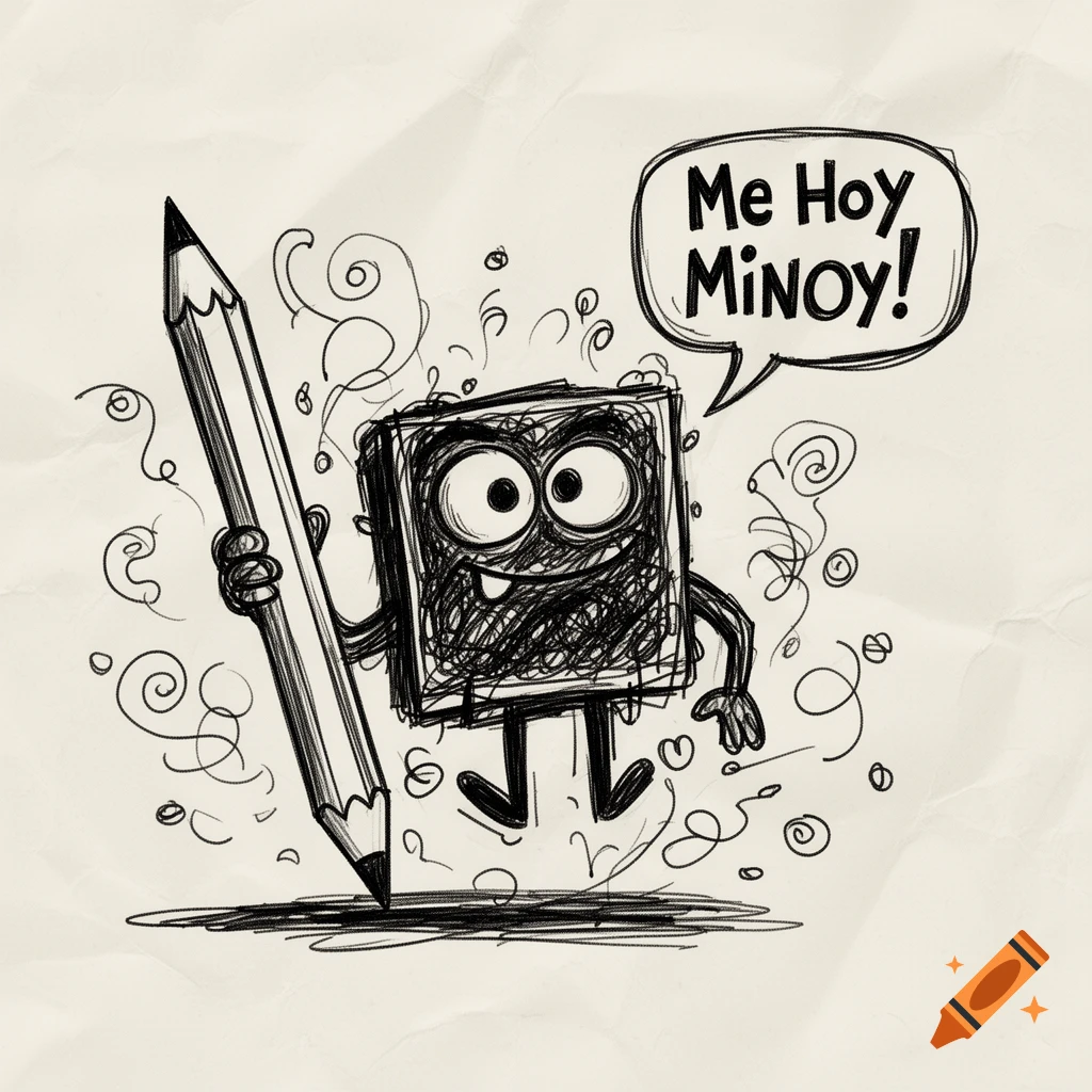 A black scribble character, resembling DoodleBob, holds a large pencil and says "Me Hoy MiNOY!" in a speech bubble, against a crumpled paper background in a doodle style.
