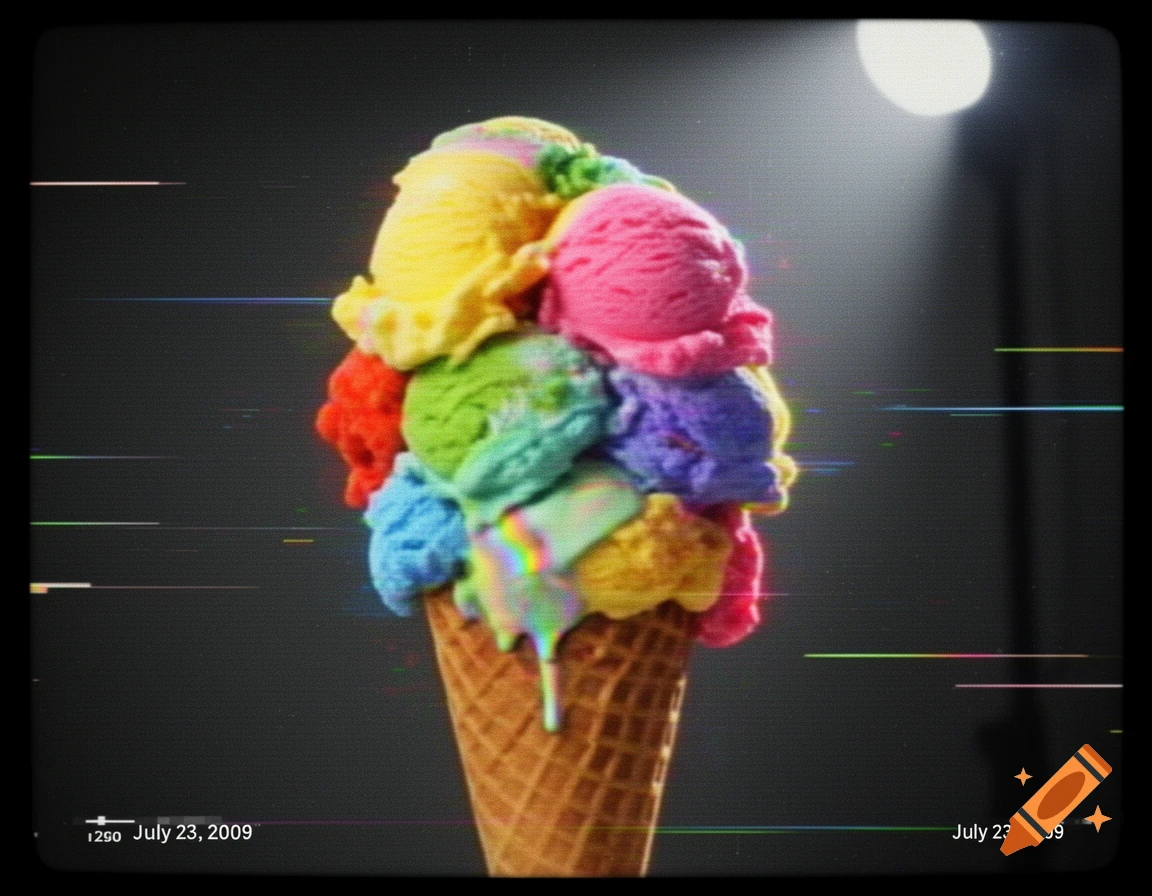 A vibrant, multi-scoop ice cream cone with melting colorful scoops, set against a dark background with a VHS retro filter, including scan lines and a date.