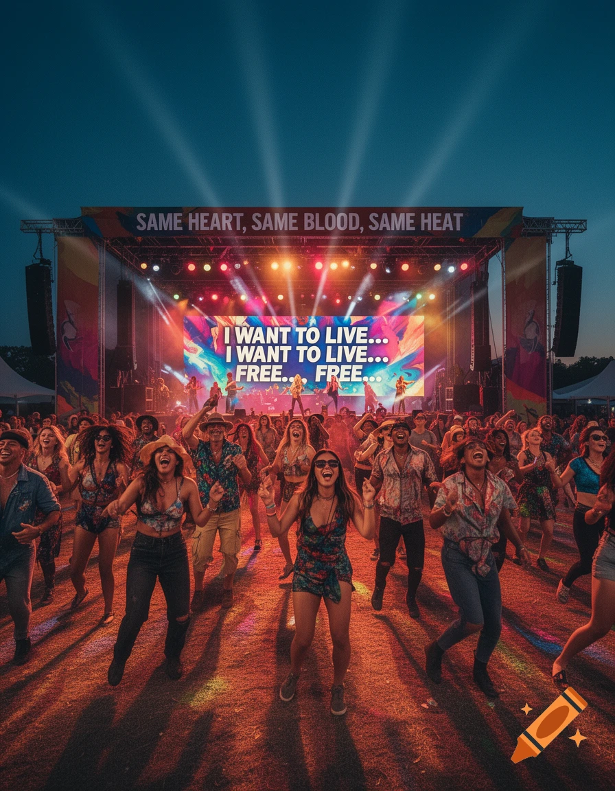 A vibrant music festival at dusk, with a large crowd dancing and cheering in front of a brightly lit stage with text on screen.