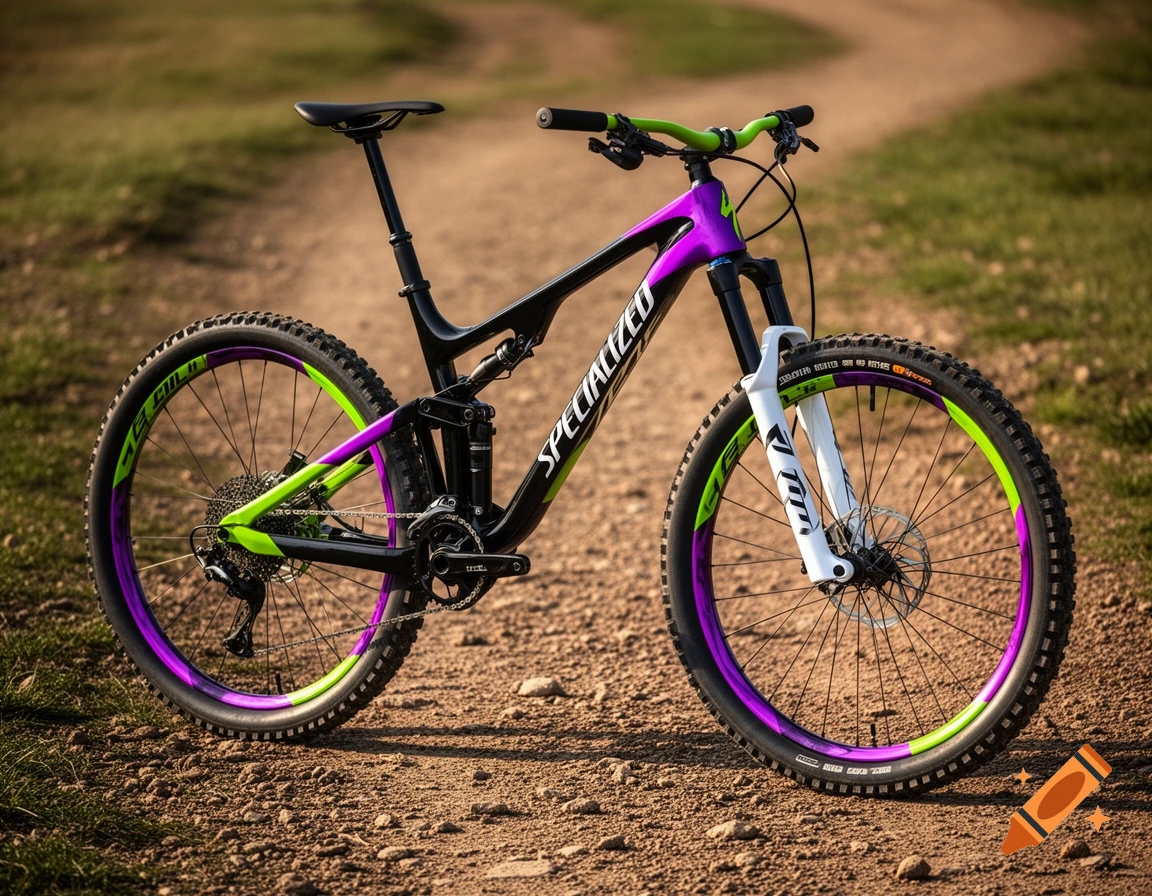 A specialized stumpjumper dirt bike in black, purple, and neon green stands on a dirt path with a blurred natural background.