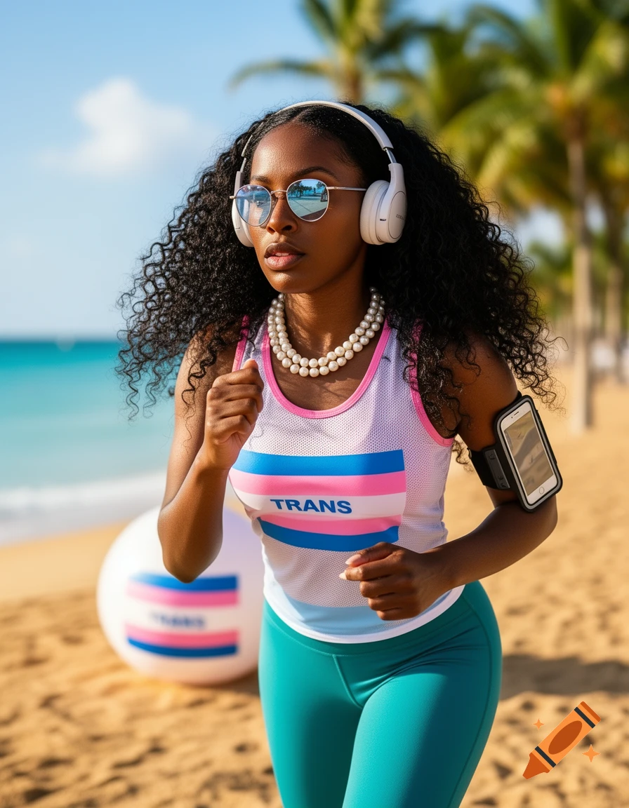 A Black woman with curly hair, headphones, sunglasses, and a pearl necklace jogs on a beach, wearing a trans flag tank top and teal leggings.