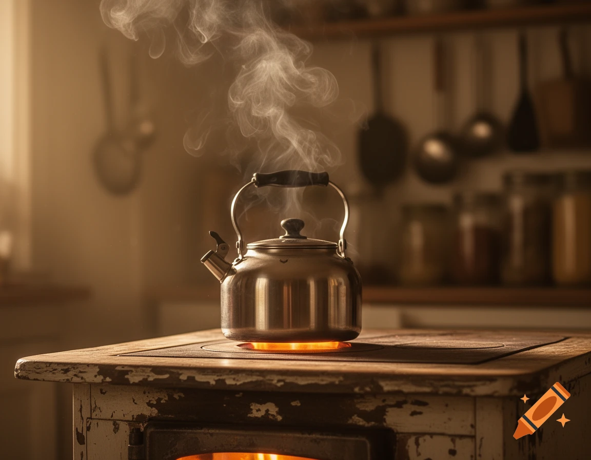 A steaming metal kettle sits on a glowing stovetop in a rustic kitchen, bathed in warm light.