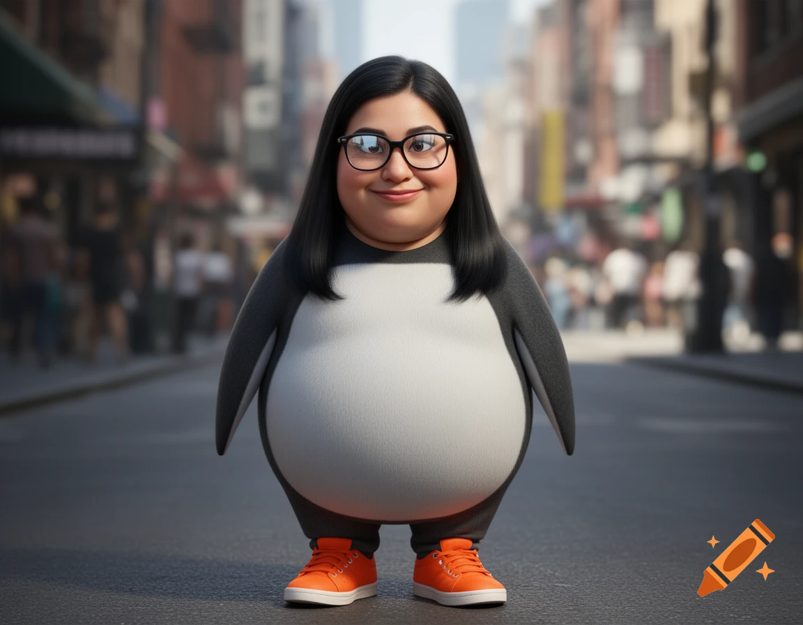 A cartoon-style character, a person dressed as a penguin with glasses and orange sneakers, stands on an urban street.