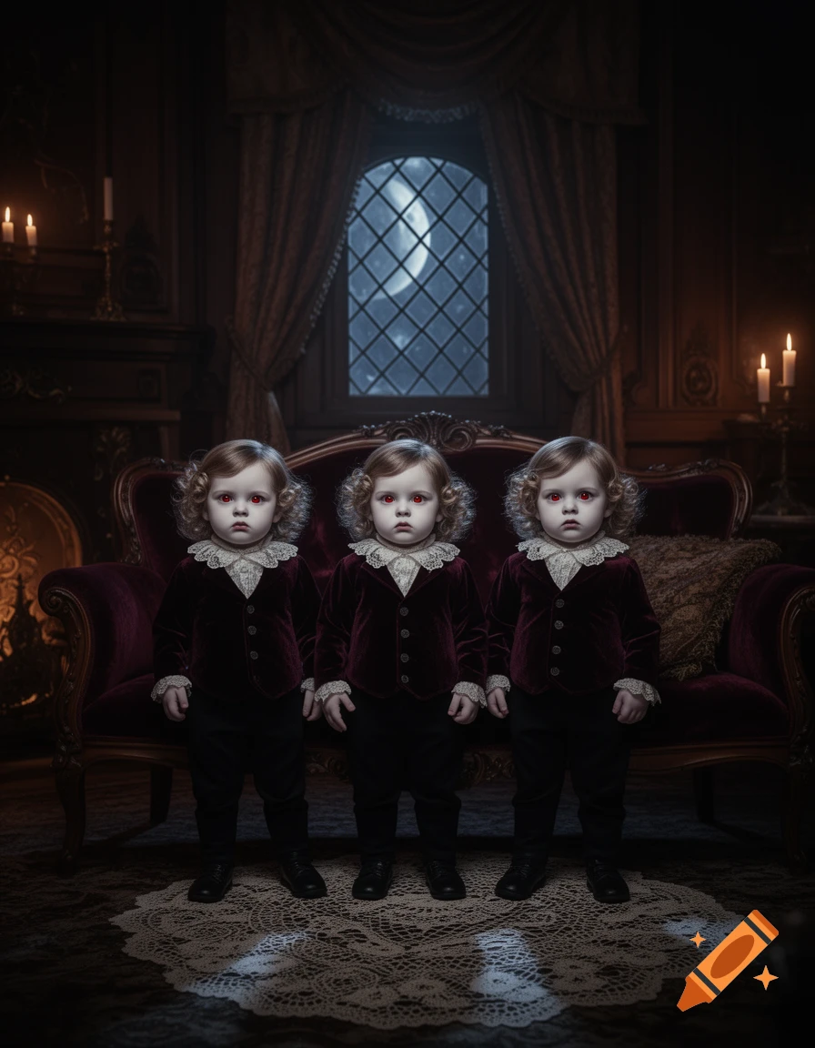 Three pale toddlers with red eyes and curly hair stand in velvet suits in a dark, ornate gothic room with a moonlit window.