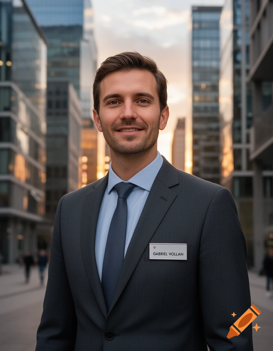 A smiling man in a dark suit and tie, with a name tag, stands in front of modern glass skyscrapers at sunset.