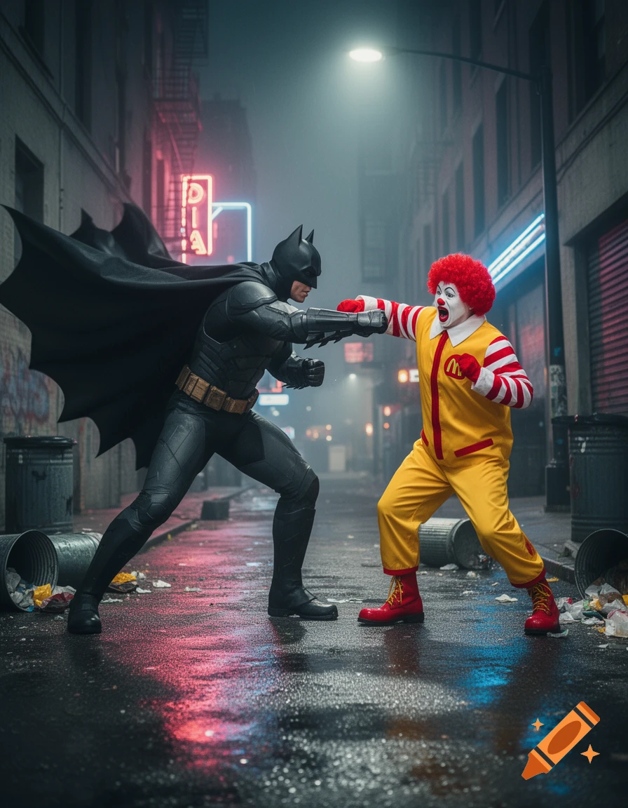 Batman punches Ronald McDonald in a dark, rainy alleyway lit by neon signs, with trash scattered on the wet ground.