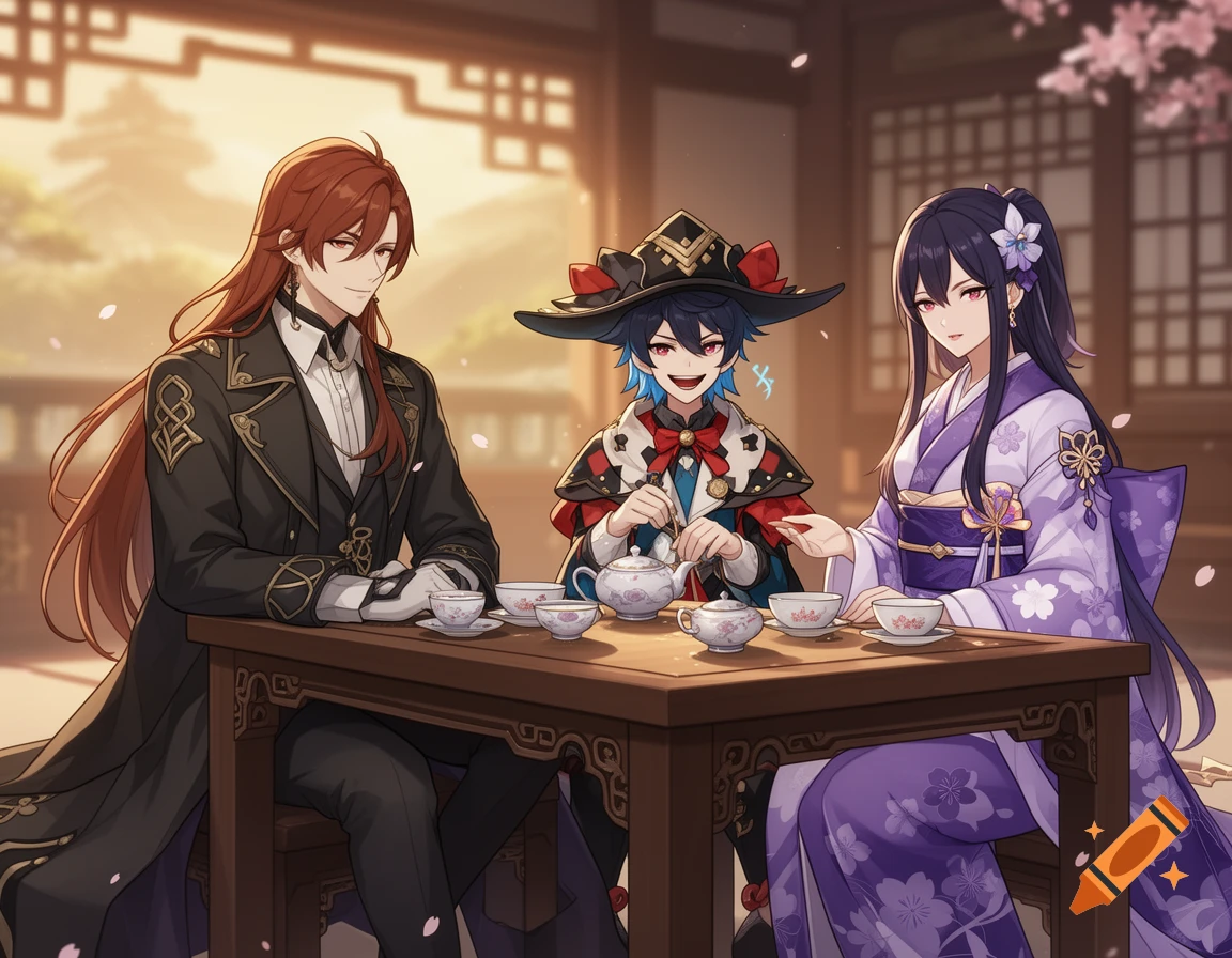 Three anime characters enjoy a tea ceremony at a wooden table in a traditional East Asian room with falling cherry blossoms.