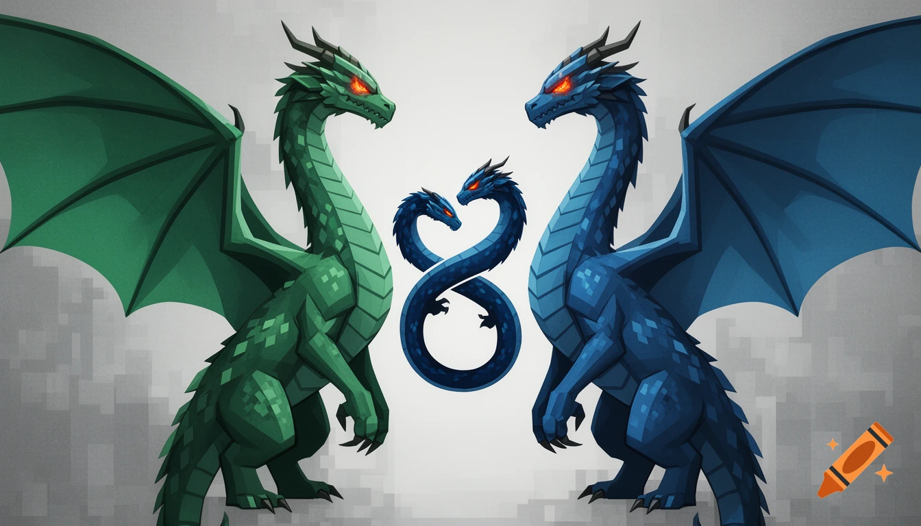 A green dragon and a blue dragon face each other, with two smaller blue dragons intertwined in a heart shape between them. Digital art in a Minecraft style.