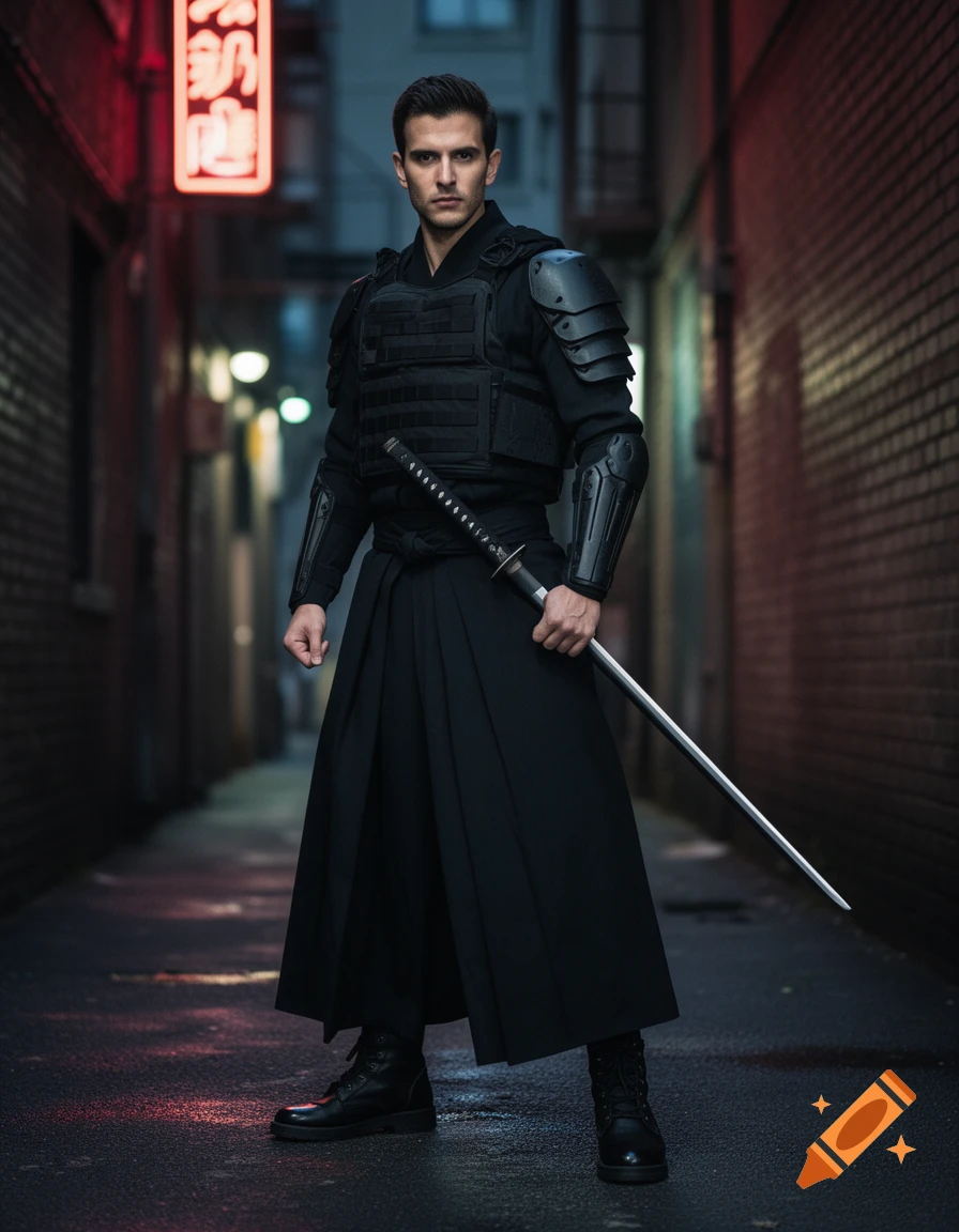 A man in dark tactical gear and flowing robes holds a samurai sword in a dimly lit alley with a neon sign.