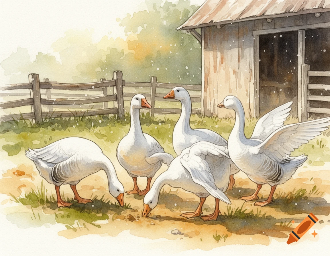 Watercolor illustration of five white geese on a farm, with some pecking at the ground near a wooden fence and barn.