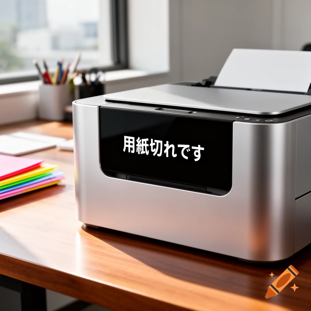 A silver printer on a wooden desk displays "" (Paper out) on its screen, with colorful folders in the background.