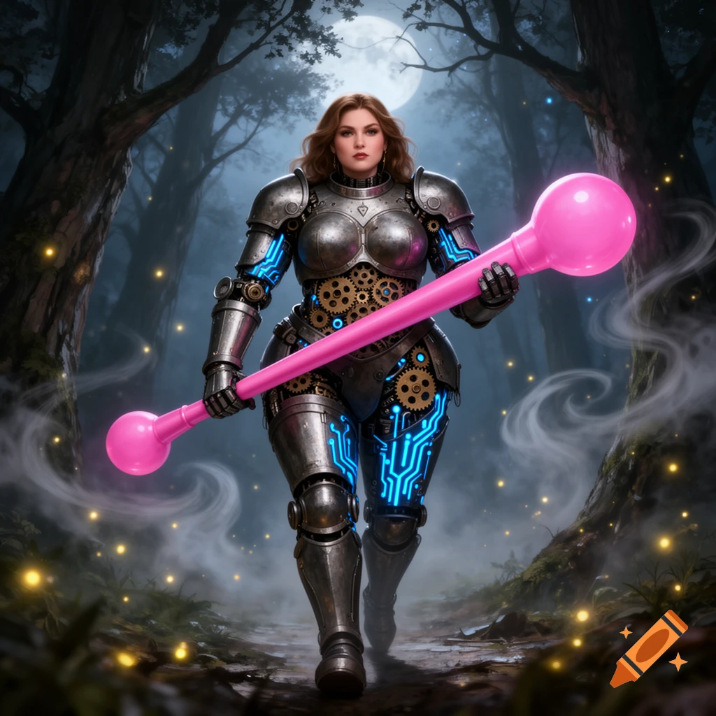 A female medieval robot warrior in metallic armor with gears and glowing circuits walks through a dark forest under a full moon, holding a large pink club.