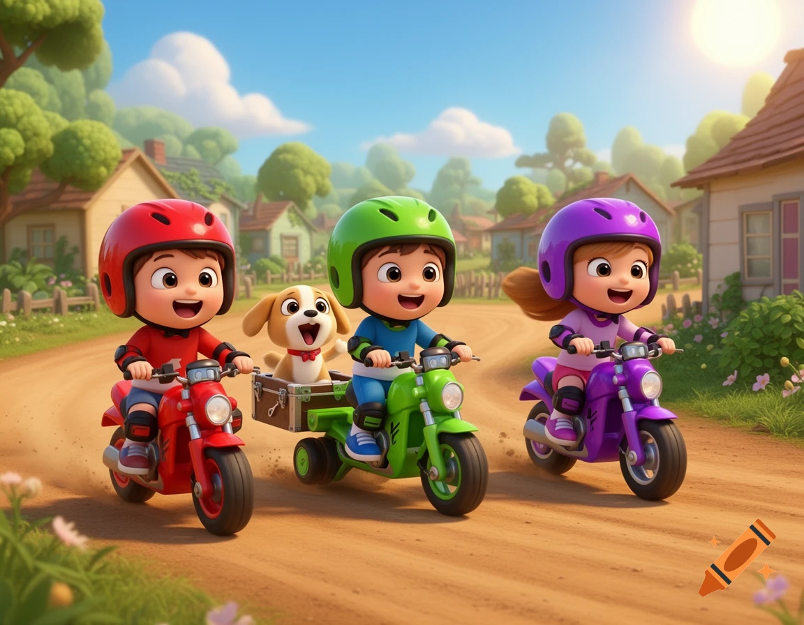 Three smiling cartoon children on colorful motorbikes with a dog in a sidecar on a dirt village road.