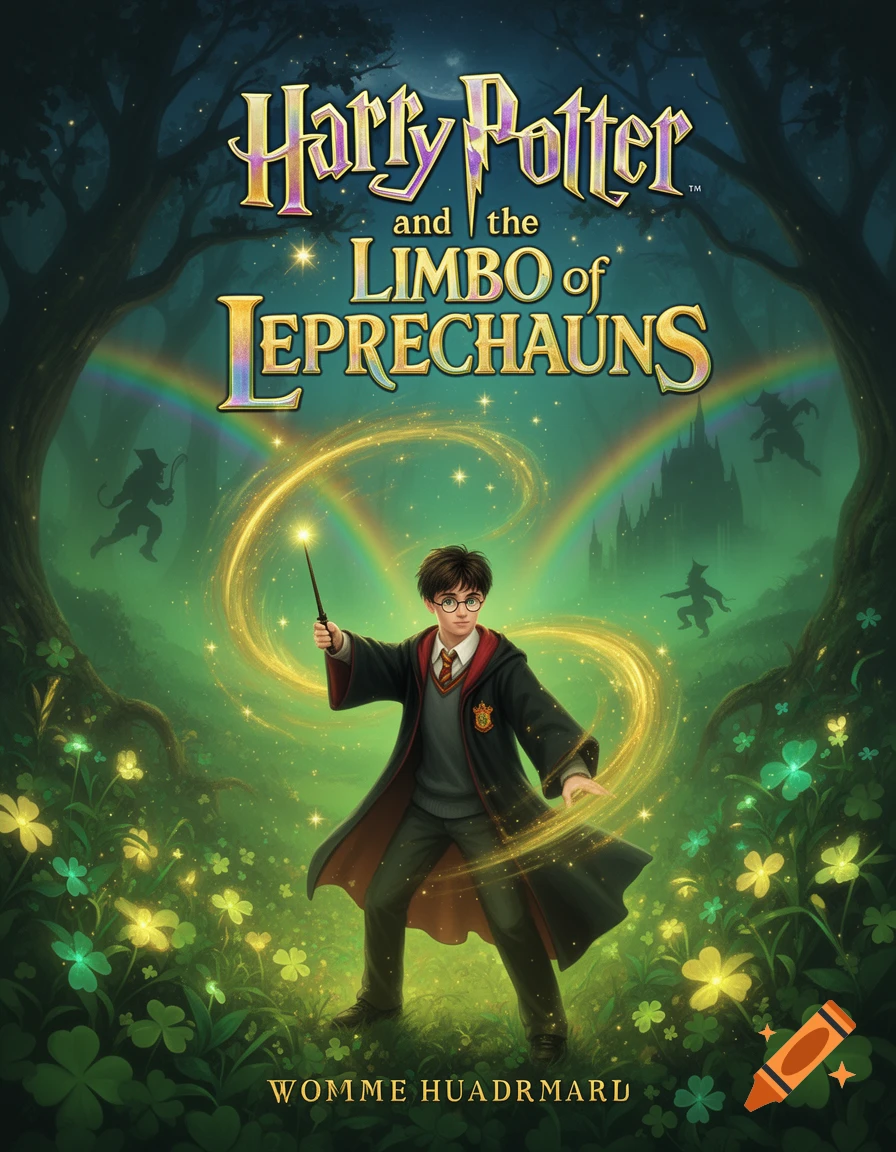 An illustrated Harry Potter book cover with Harry casting a spell, clovers, rainbows, and leprechaun silhouettes in a magical green forest.