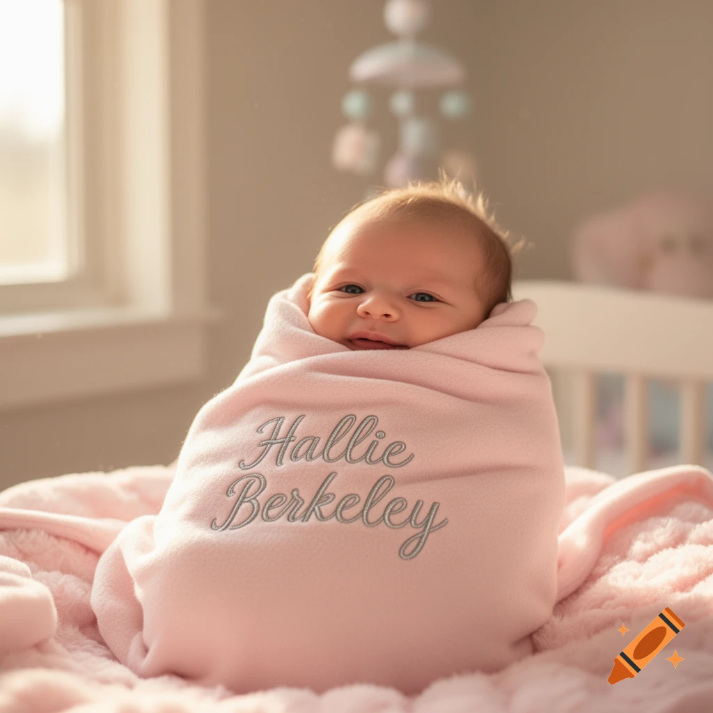 Photorealistic smiling baby girl swaddled in a pink blanket with 'Hallie Berkeley' embroidered.
