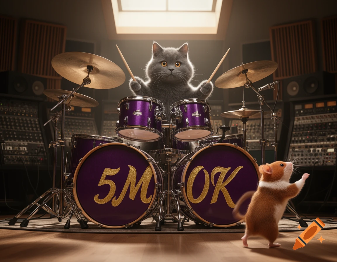 A cute gray cat plays purple drums with golden '5M' and 'OK' lettering, while a hamster dances beside the drum kit in a studio.