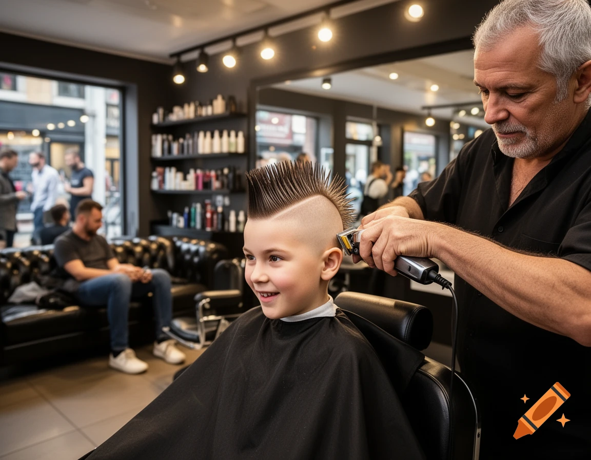 A smiling young boy gets a mohawk haircut from a barber in a modern barber shop.