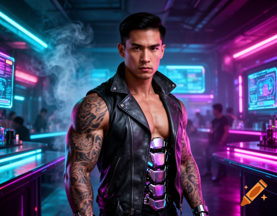 A ripped, tattooed man with cybernetic implants in a leather vest stands in a neon-lit cyberpunk club, looking intense.