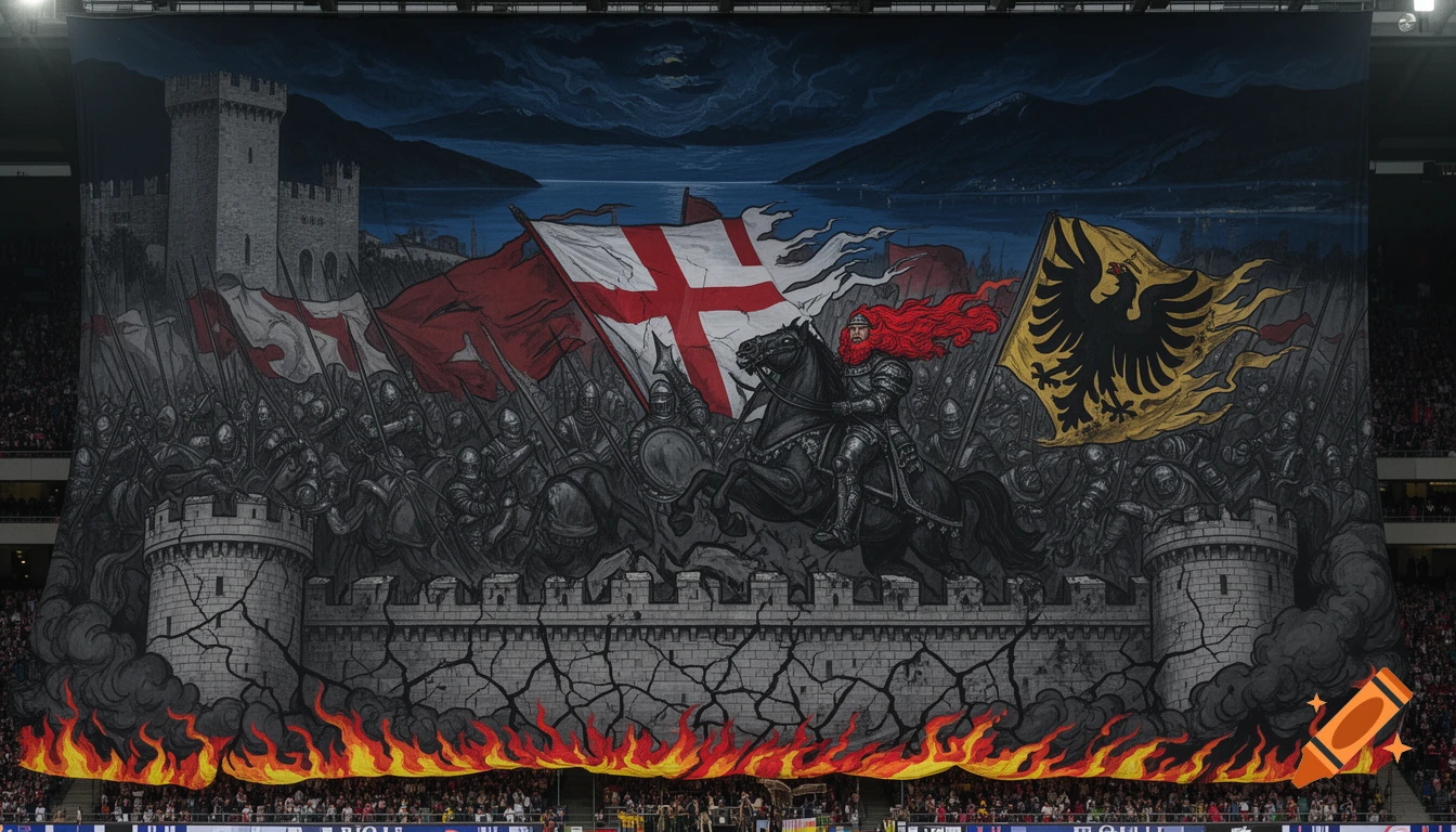 A giant stadium banner mural of a medieval battle with knights, a red-bearded leader on horseback, flags, a castle, and fire, in graphic novel style.