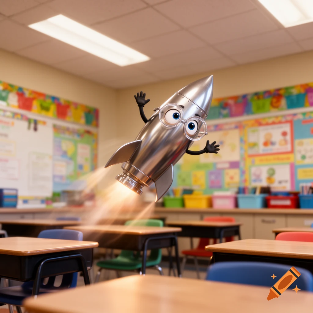 A cute, cartoonish silver rocket with large blue eyes and glasses flies above desks in a classroom, waving its arms, with a fiery exhaust.