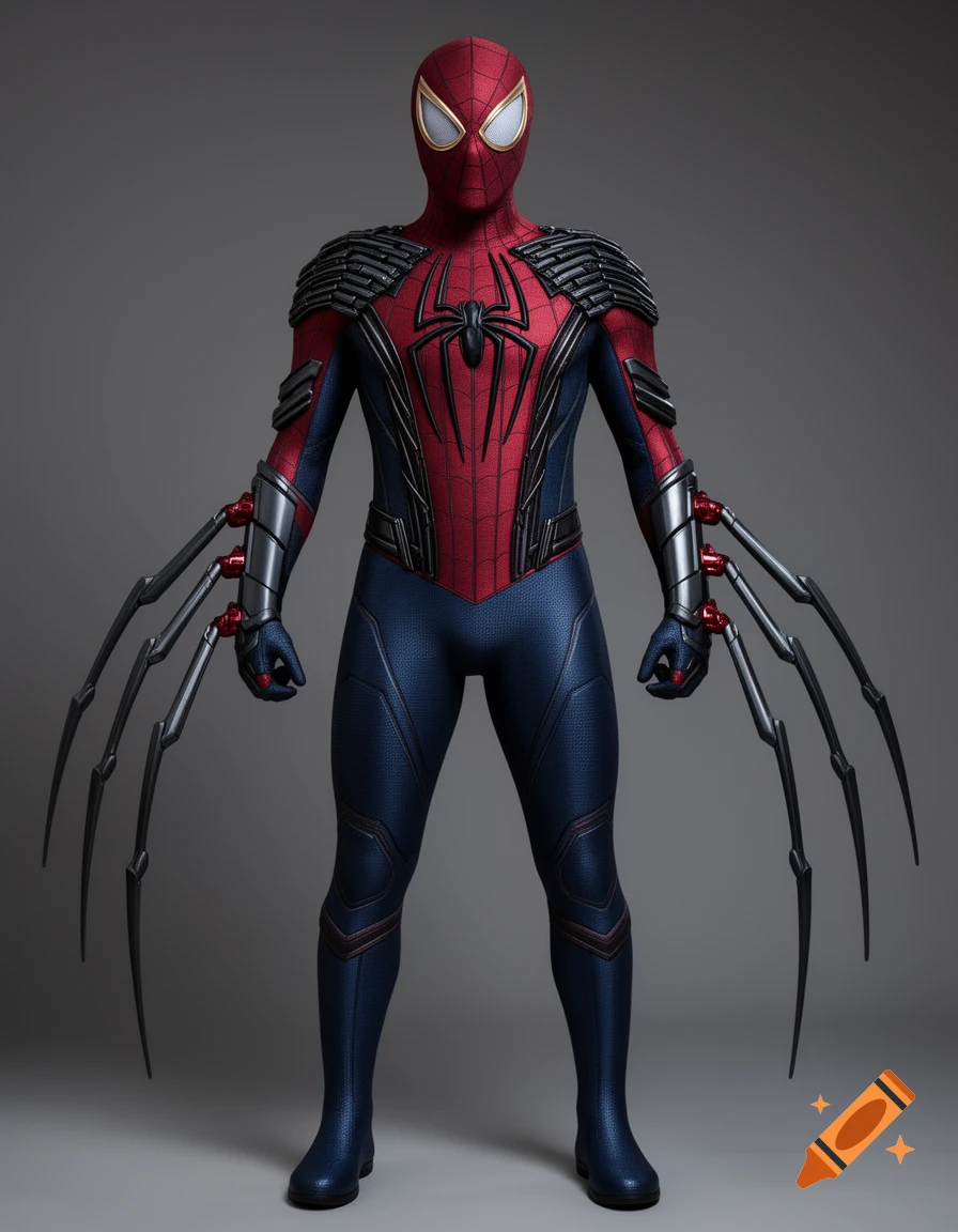 A photorealistic Spider-Man suit featuring red, blue, and black sections with detailed textures, gold-rimmed eyes, and four insect-like metallic limbs.