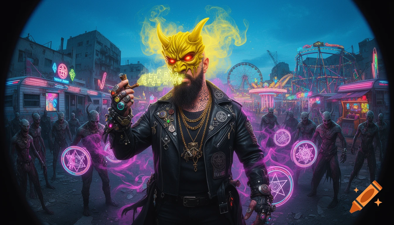 A demon-masked biker warlock in a leather jacket exhales glowing digital glyphs from a pipe, surrounded by eerie henchmen at a neon-lit cyberpunk carnival.