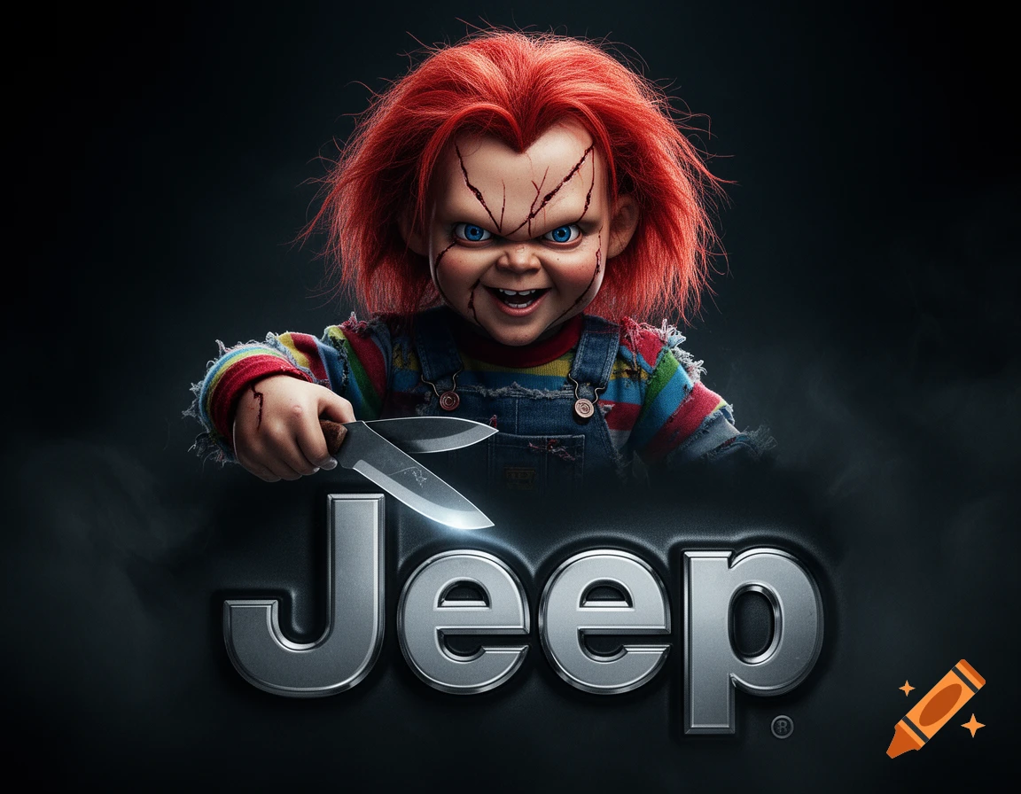 Chucky, the red-haired horror doll, with scars and a menacing grin, holds a knife while emerging over a metallic 'Jeep' logo.