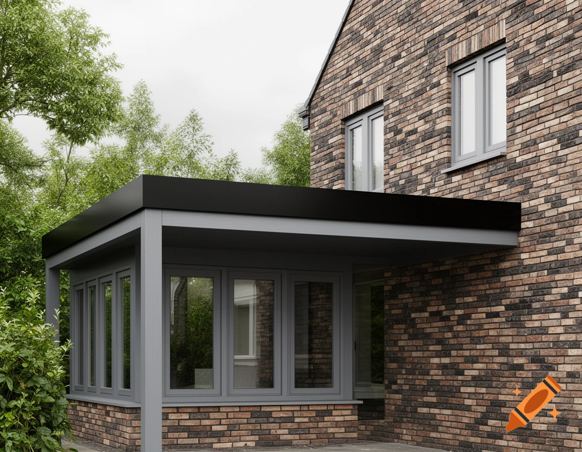 Modern house exterior with multi-toned brick walls, grey windows, and an attached grey structure with a black flat roof amidst trees.