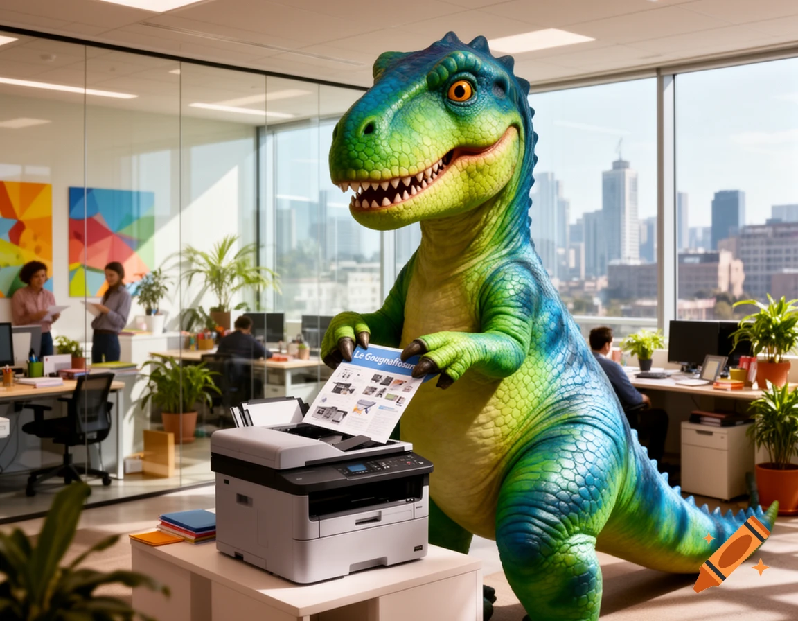 A large, green and blue dinosaur stands next to a printer in a modern office, holding a document with text on it.
