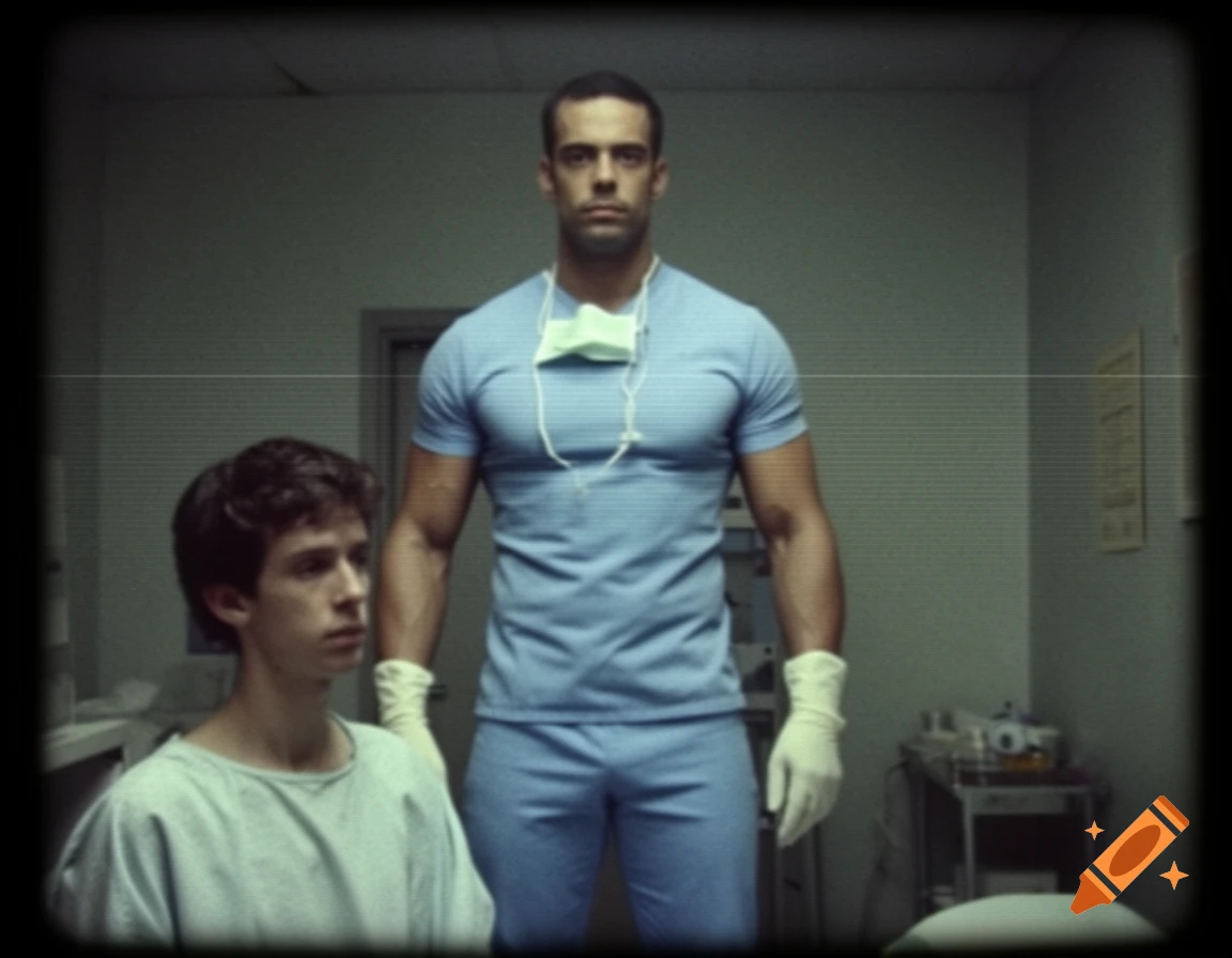 A muscular doctor in blue scrubs stands over a seated male patient in a gown in a retro, eerie exam room.
