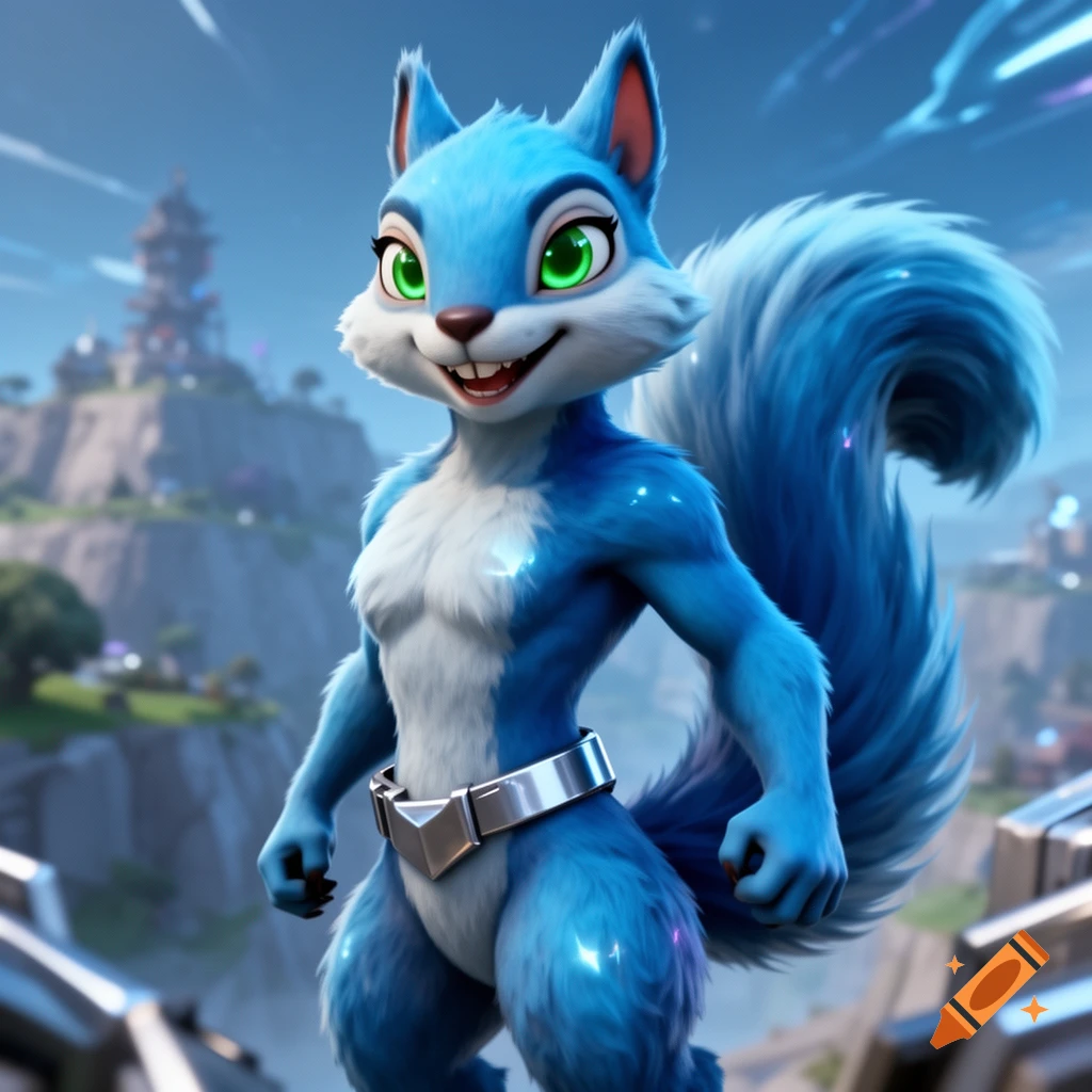 A muscular blue anthropomorphic squirrel with green eyes and a silver belt stands against a futuristic city landscape.