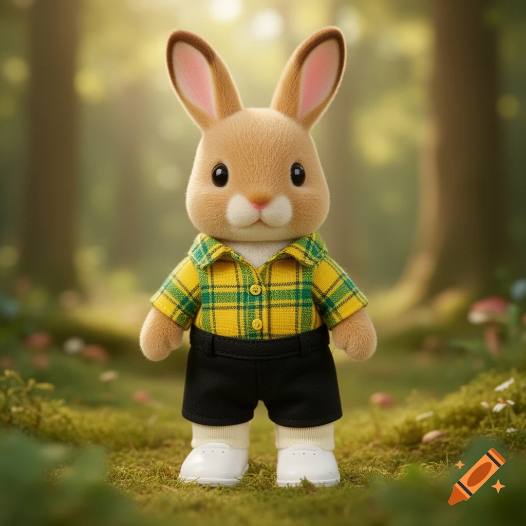 A cute Sylvanian rabbit figurine wearing a yellow and green plaid shirt, black shorts, and white shoes stands in a soft forest setting.