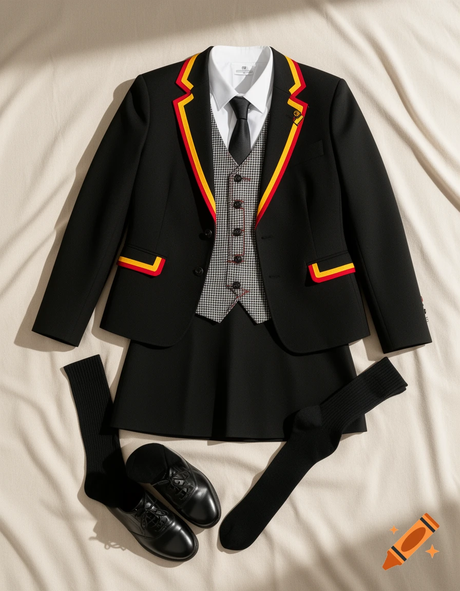 A black school uniform laid flat, featuring a blazer with red and yellow trim, a white shirt, a black tie, a houndstooth vest, a black skirt, black socks, and black leather shoes.
