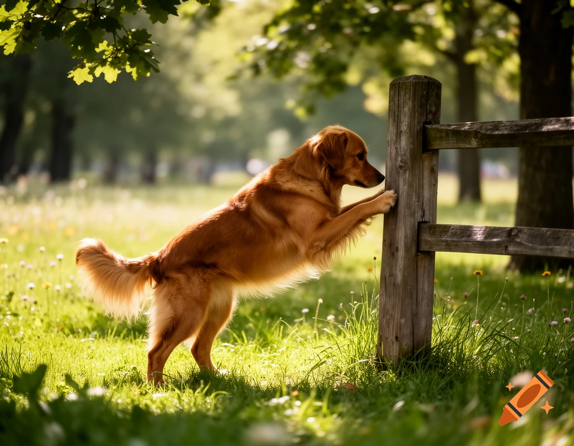 A photorealistic golden retriever stands on its hind legs with front paws on a wooden fence post in a sunny, grassy park.