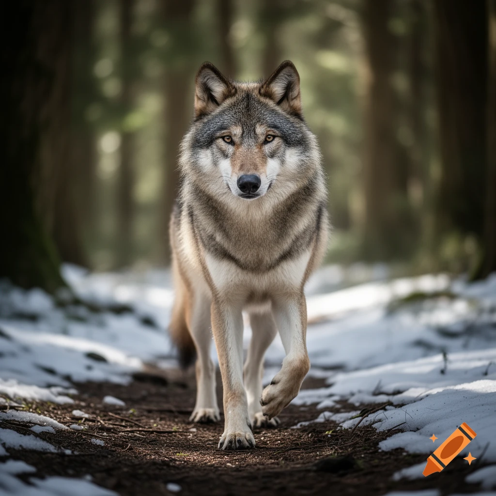 A photorealistic wolf walks on a snowy forest path, looking directly at the viewer with one front paw raised.