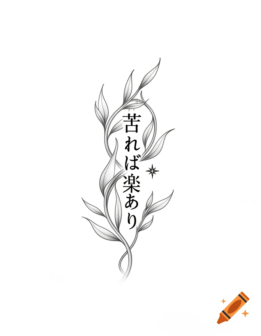 Minimalist fineline tattoo design with black and grey Japanese calligraphy '苦あれば楽あり' intertwined with a delicate botanical vine and a tiny star on a white background.