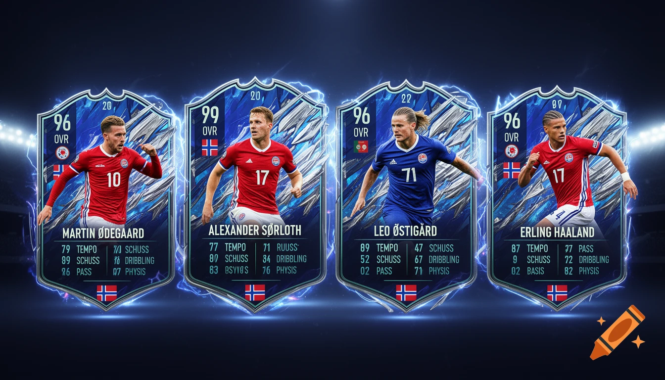 Four stylized football player cards featuring Martin Ødegaard, Alexander Sørloth, Leo Østigård, and Erling Haaland with their names, OVR ratings, and various stats, set against a dark stadium background with glowing lightning effects.