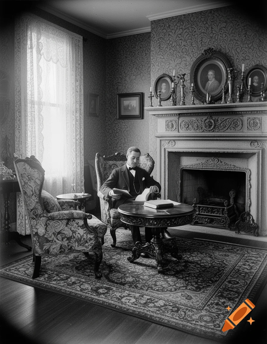 Man in a formal suit reading a book at a round table in a grand, richly decorated 1890s room.