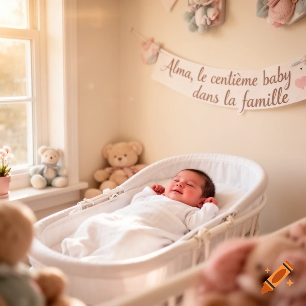 A smiling newborn baby lies in a white bassinet in a sunny nursery with a banner that reads "Alma, le centième baby dans la famille" and teddy bears.