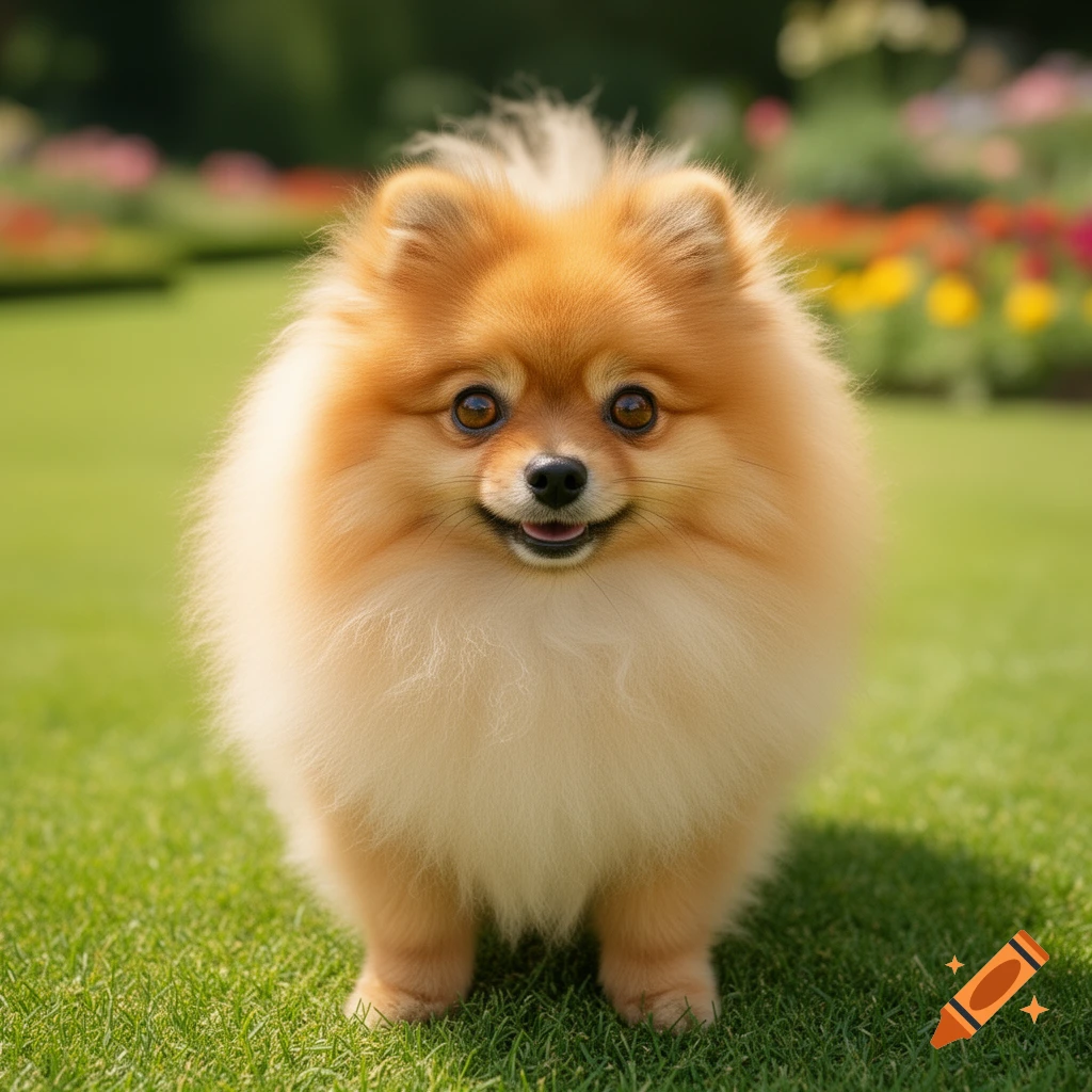 A fluffy, smiling Pomeranian dog stands on green grass in a garden with blurred colorful flowers in the background.