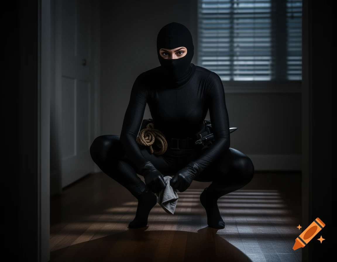 A woman in a black catsuit and balaclava crouches stealthily in a dark room, holding a rag. She has a rope and knife on her belt.