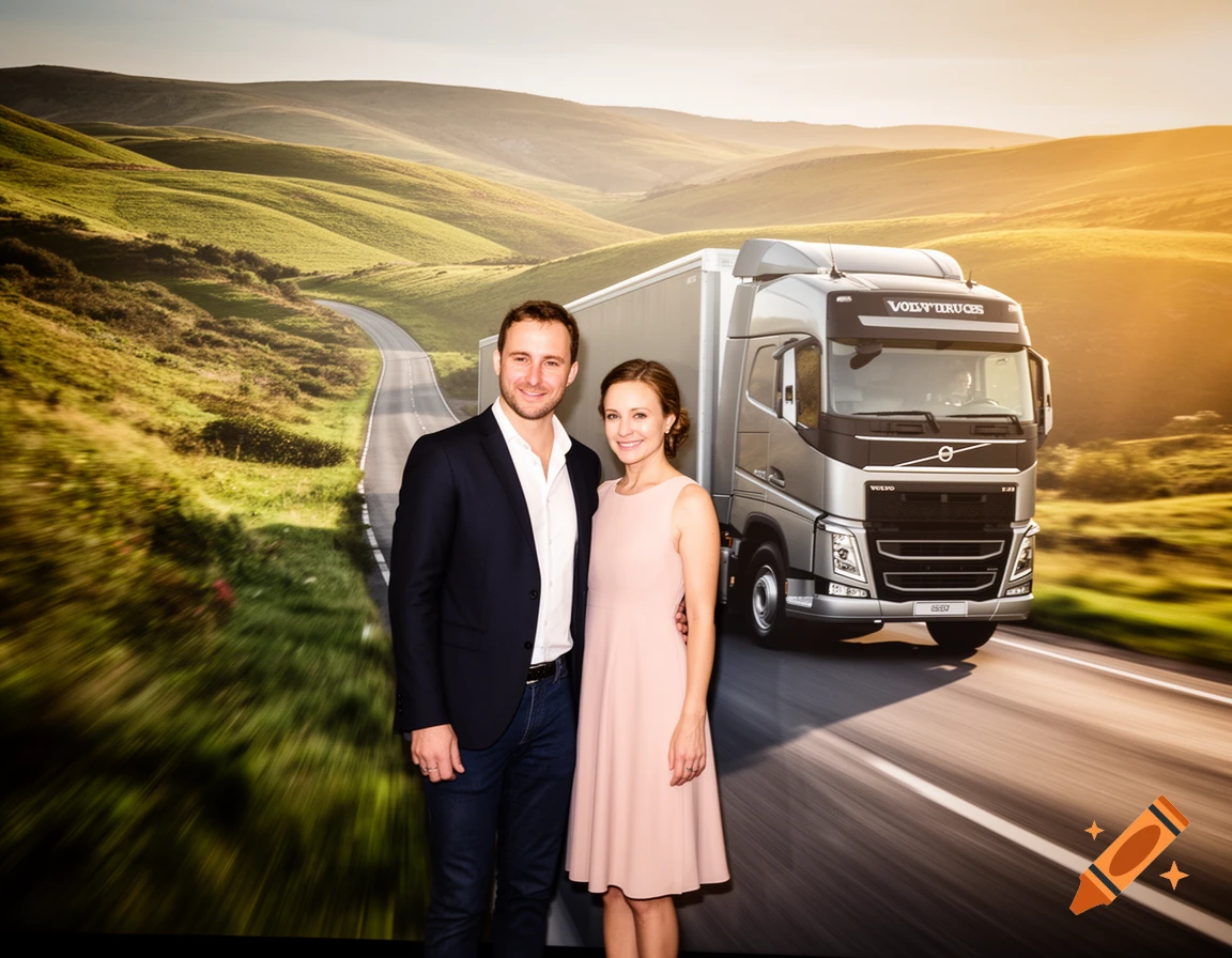 Two people, a man in a suit and a woman in a pink dress, pose in front of a photorealistic backdrop featuring a silver Volvo semi-truck driving on a winding road through green, hilly landscapes under a sunset sky.