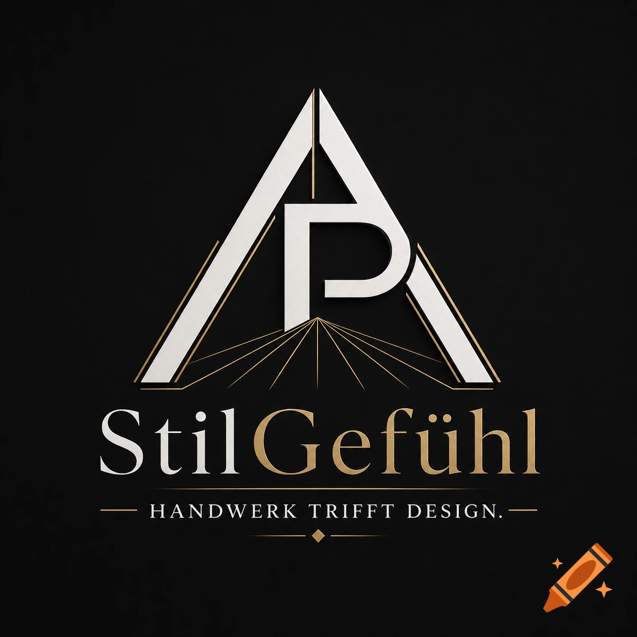 A black background logo featuring a white and gold geometric "A" and "P" symbol above the text "StilGefühl" and "Handwerk trifft Design."