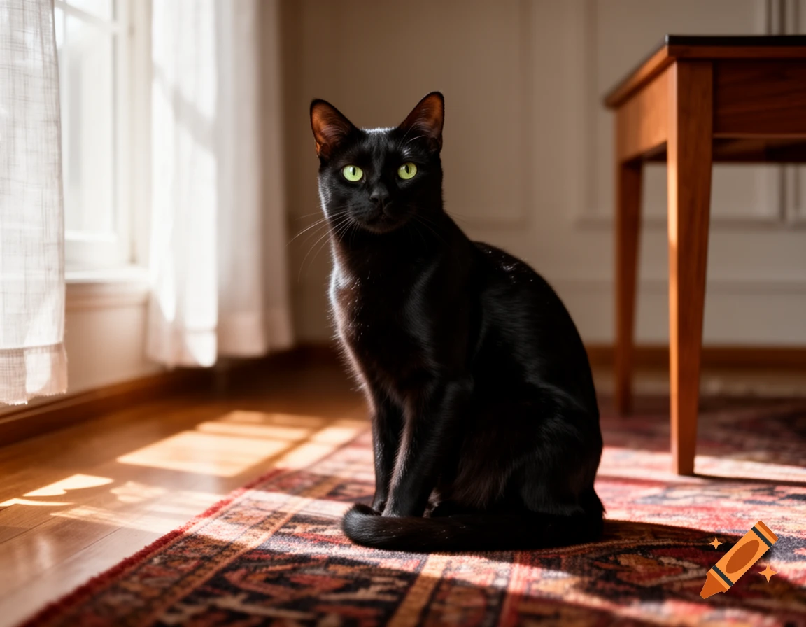 A sleek black cat with bright green eyes sits on a patterned rug, basking in sunbeams from a window.