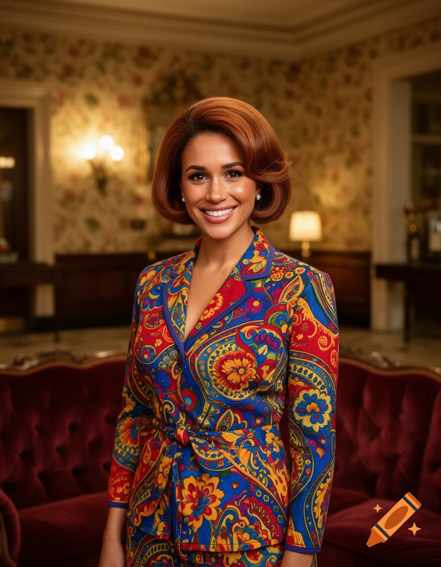 Smiling woman with auburn hair in a colorful paisley-patterned suit stands in a richly decorated room.