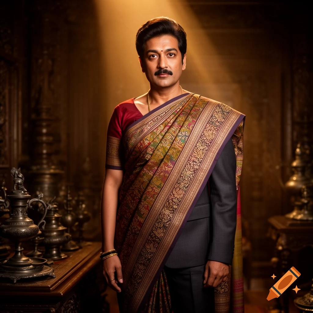 Portrait of a person with a mustache and bindi, wearing a colorful saree draped over a dark suit, standing in an ornate, dimly lit room.
