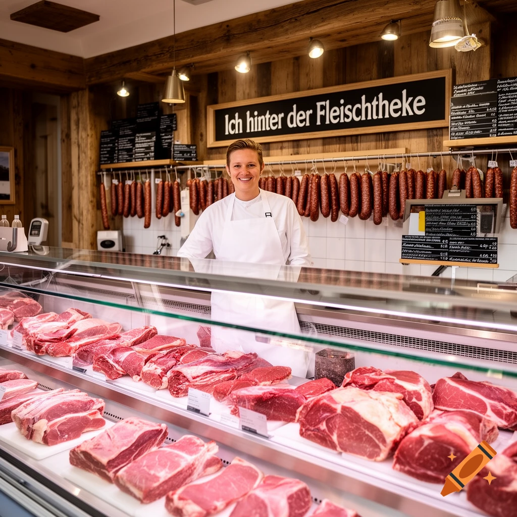 A smiling butcher stands behind a glass display counter filled with raw meat and sausages in a rustic butcher shop.