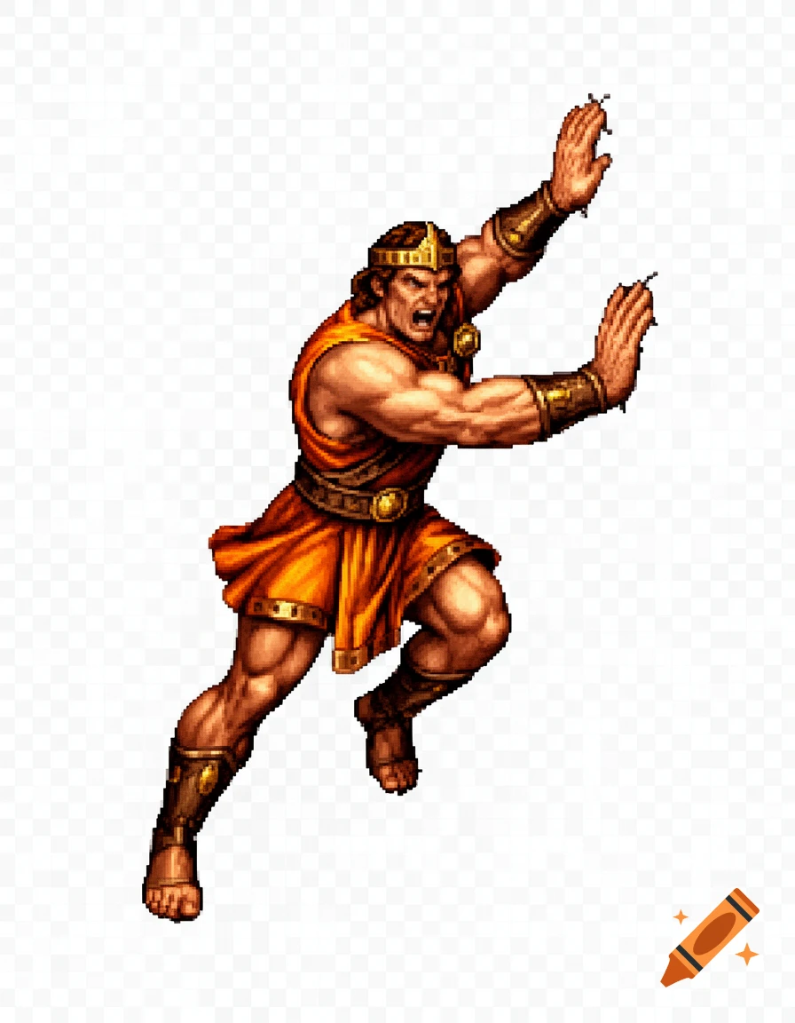 Pixel art sprite of a muscular Hercules-like warrior in an orange tunic and gold armor, pushing against an invisible wall, on a transparent background.